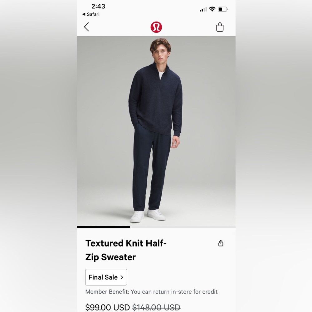 Lululemon - NWT Textured Half Zip Men’s Sweater Size - Large